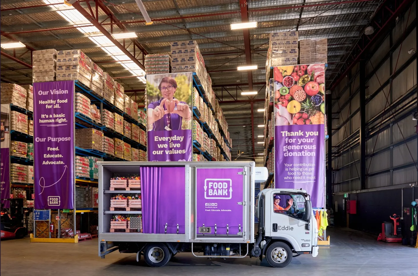 A Foodbank WA delivery truck in the Perth warehouse