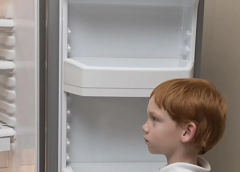 A young boy looking into an almost empty fridge
